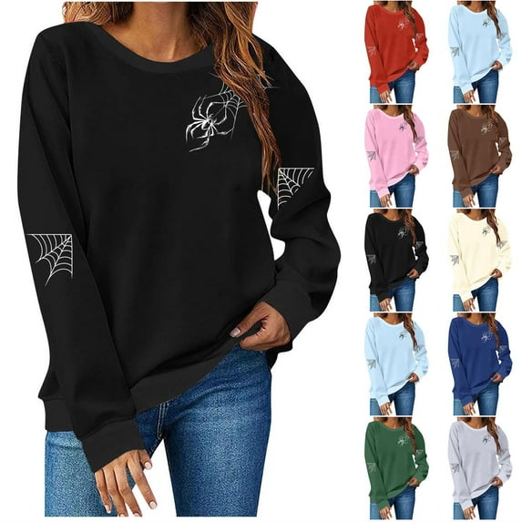 Feancey Sweatshirt for Women Oversized Halloween Graphic Sweatshirts Vintage Spider Web Print Long Sleeve Shirt Teen Girl Crewneck Pullovers Red S