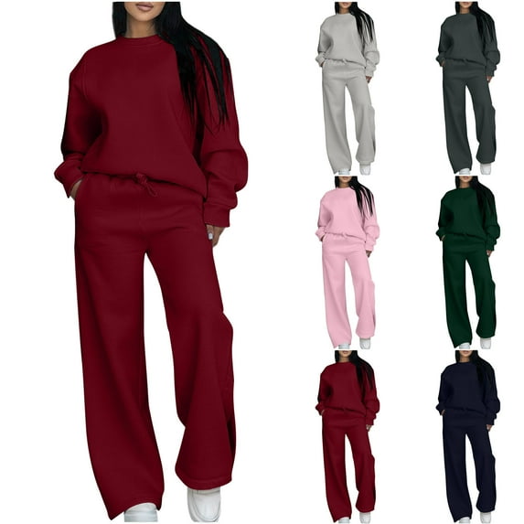 Feancey Sweatsuit Women 2 Piece Outfits Oversized Crewneck Sweatshirt Open Bottom Sweatpants Workout Sets Solid Color Loose Tracksuits with Pockets Pink S