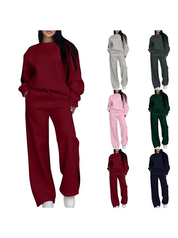 Sweatsuit Women 2 Piece Outfits Oversized Crewneck Sweatshirt Open Bottom Sweatpants Workout Sets Solid Color Loose Tracksuits with Pockets Pink S