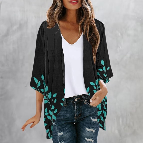 Feancey Swimsuit Coverup for Women Beach Kimonos 3/4 Sleeve Open Front Cardigans Vintage Floral Printed Kimono Jacket Lightweight Casual Beach Cover Ups Black M