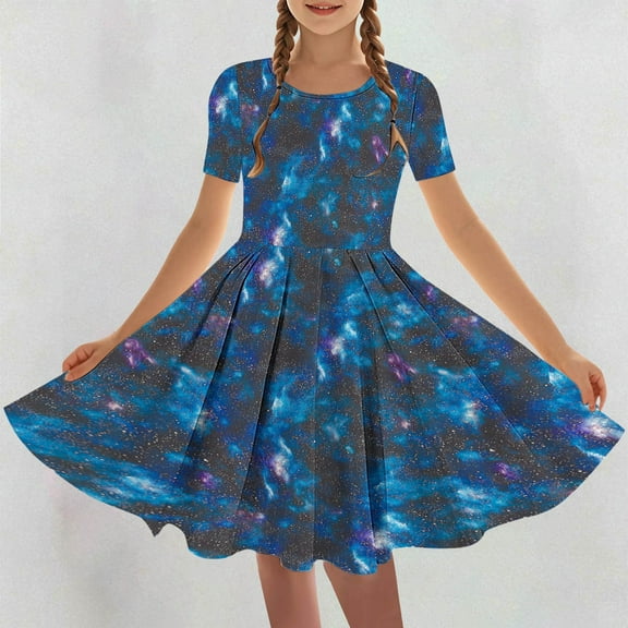 Feancey Swing Dress for Girls 2025 Trendy Print Flowy A-Line Dresses Dressy Casual Ruffled Hem Princess Dress Elegant Party Gowns Blue 9 Years