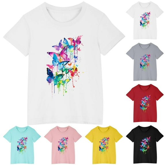 Feancey T Shirts for Girls 5-6 Years Old,Kid Shirts Short Sleeve Butterfly Graphic Tees 2025 Summer Casual Loose Fit Tops Prime Sales