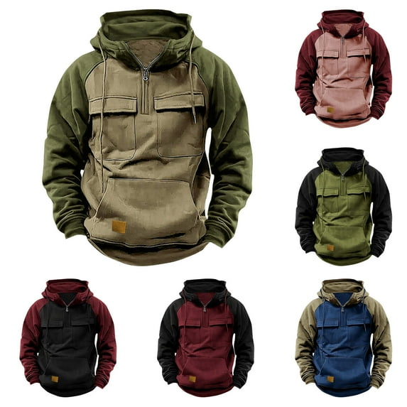 Feancey Tactical Hoodies for Men Long Sleeve Hooded Sweatshirt 1/4 Zip Up Vintage Sweatshirts Outdoor Multi Pockets Workout Running Pullover Holiday Gifts Blue 3XL