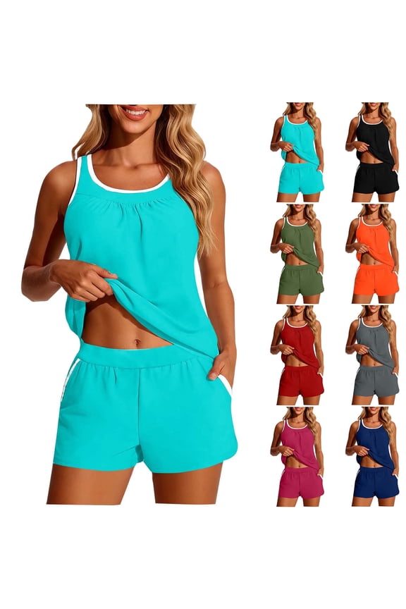 Tankini Swimsuits for Women 2026 Tummy Control Two Piece Modest Bathing Suits Blouson Tank Tops with Boyshorts Beach Coverup Sets Light Blue M