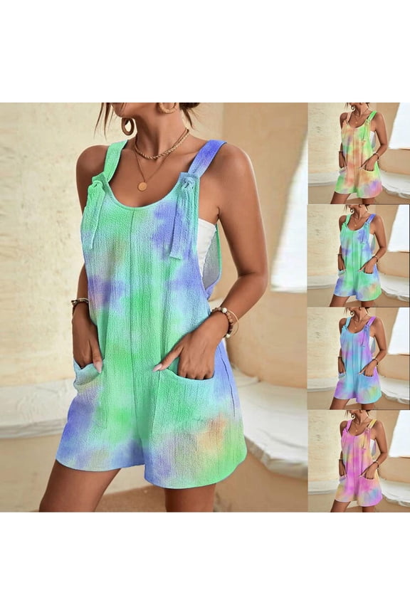 Tie Dye Overalls for Women Lace Up Suspender Romper Shorts Summer Sleeveless Loose Jumpsuits with Pockets Blue 3XL