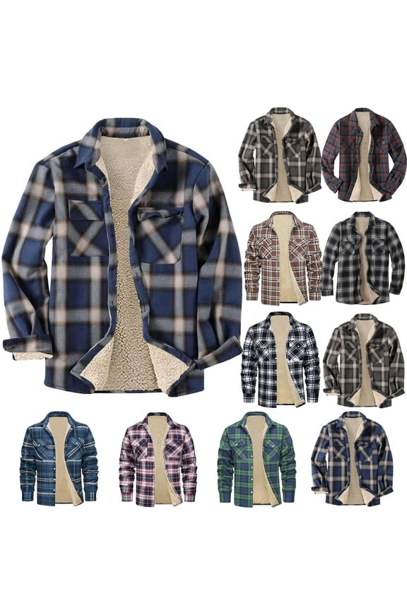 Today's Clearance Sale Fleece Lined Flannel Jackets for Men Plaid Casual Thermal Button Up Jackets 2025 Winter Sherpa Warm Work Coat Outwear with Pockets Khaki XL