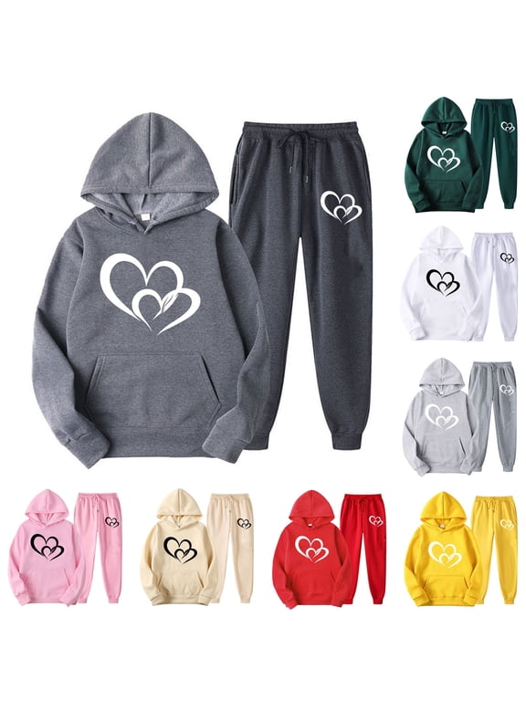 Womens Hooded Sweatsuits 2 Piece Set Valentine's Day Heart Print Hoodies and Jogger Pants Matching Sets Spring Trendy Jogging Suits Pink S