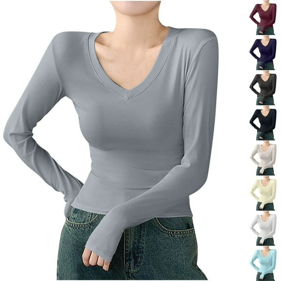Feancey Soft Long Sleeve Shirts for Women Stretchy V Neck Slim Fit Tops Spring Solid Color Casual Basic Tee Trendy Going Out Tshirts White S