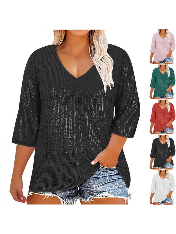 Women's Plus Size Dressy Sequin Tops Sparkly 3/4 Sleeve V-neck Blouse Spring Trendy Glitter Party T Shirts Elegant Cocktail Tunic Top Pink 5XL