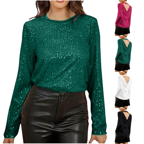 Feancey Women's Sequin Dressy Tops Sparkly Glitter Long Sleeve T Shirts Cocktail Party Backless Elegant Tunics Round Neck Loose Shiny Blouse White M