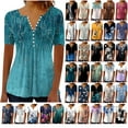 thumbnail image 1 of Feancey Pleated Short Sleeve Tops for Women Henley Casual Floral Print T Shirts Womens Button V Neck Work Blouses Summer Beach Vacation Tshirt Multicolor XXL, 1 of 5