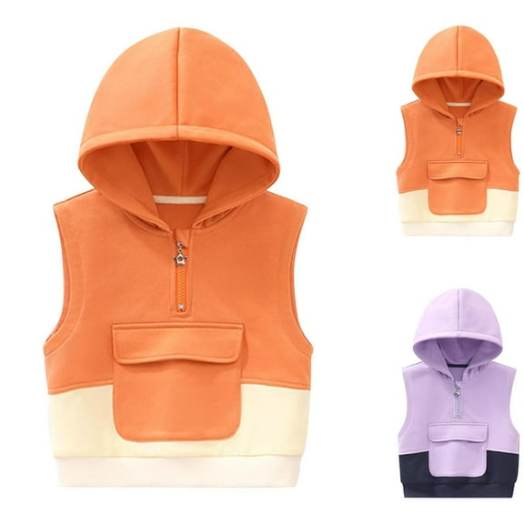 Feancey Toddler Boys Girls Cotton Vest Jacket Kids Half Zip Hooded Vest Coat Fall Winter Fashion Sleeveless Jackets Colorblock Casual Gilet Pocket Orange 3 Years
