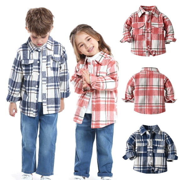 Feancey Toddler Boys Plaid Jacket Girls Long Sleeve Button Down Shirt Jackets Kids Casual Lapel Shacket Jacket Lightweight Outwear with Pockets Blue 4-5 Years