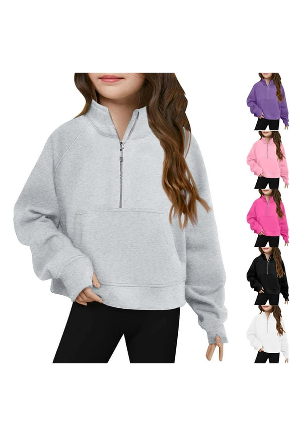 Toddler Girls Quarter Zip Sweatshirt Long Sleeve Stand Collar Pullover Tops for Kids Casual Cropped Sweatshirts with Thumbholes Gray 11 Years