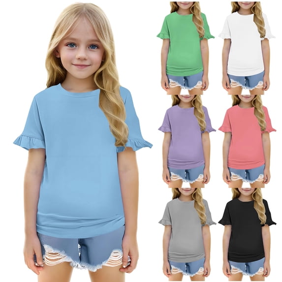 Feancey Toddler Girls Tops Ruffle Short Sleeve Round Neck Blouse Baby Kids Casual Solid Color T Shirts Summer Cute Tees Holiday Gifs Blue 5 Years