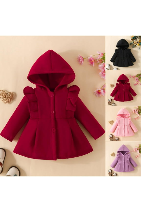 Toddler Girls Trench Coat Baby Kids Ruffle Long Sleeve Hooded Jackets Button Down Casual Winter Coats Soft Cotton Outwear Wine 18M