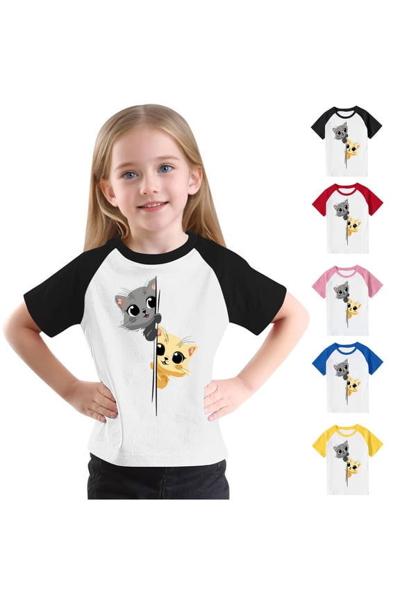 Toddler Summer T Shirts Kids Boys Girls Cat Print Cute Tops Raglan Short Sleeve Graphic Tees Loose Fit Crewneck Tshirts Sale Of The Day Black 13 Years