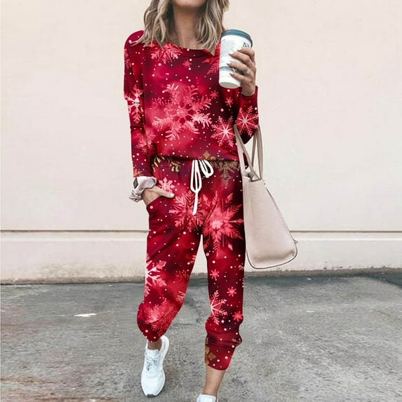 Feancey Tracksuit Sets Women's 2 Piece Christmas Outfits Fashion Snowflake Print Lounge Jogger Set Fall Casual Crewneck Pullover and Drawstring Pants Sweatsuit Sets Sales Today Clearance Red S