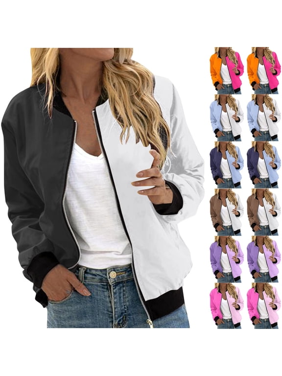 Trendy Casual Jackets for Women 2025 Fashion Colorblock Lightweight Bomber Jacket Elastic Ribbed Collar Casual Loose Windbreaker Varsity Outwear Back to College Sale,Black,XXL