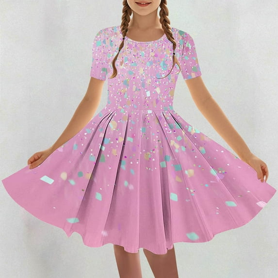 Feancey Trendy Dresses for Girls Colorful Print Flowy A-Line Dress Toddler Girl Short Sleeve Dance Dresses Pleated Casual High Waist Swing Dress Pink 11 Years