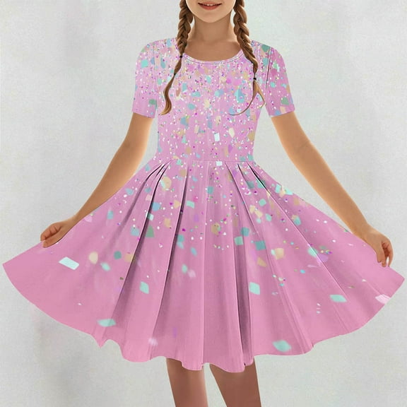 Feancey Trendy Dresses for Girls Colorful Print Flowy A-Line Dress Toddler Girl Short Sleeve Dance Dresses Pleated Casual High Waist Swing Dress Pink 11 Years