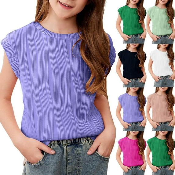 Feancey Trendy Toddler Girls Tops Summer Sleeveless Round Neck T-Shirts Kids Casual Solid Color Loose Tunic Tanks Green 6Y
