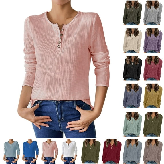 Feancey Tunic Sweaters for Women Button V Neck Long Sleeve Tshirts Ribbed Knit Casual Fall Tops Solid Color Loose Henley Shirt Soft Pullover Tees Army Green S