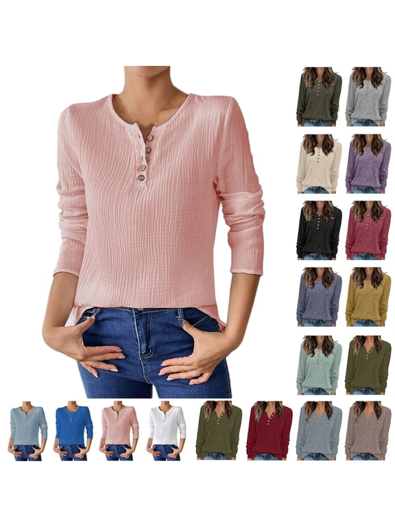 Tunic Sweaters for Women Button V Neck Long Sleeve Tshirts Ribbed Knit Casual Fall Tops Solid Color Loose Henley Shirt Soft Pullover Tees Dark Green S