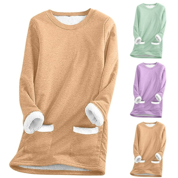 Feancey Tunic Sweatshirts for Women Fleece Lined Crewneck Pullover Tops Solid Color Long Sleeve Thermal Underwear Cozy Soft Christmas Pajamas with Pockets Purple S