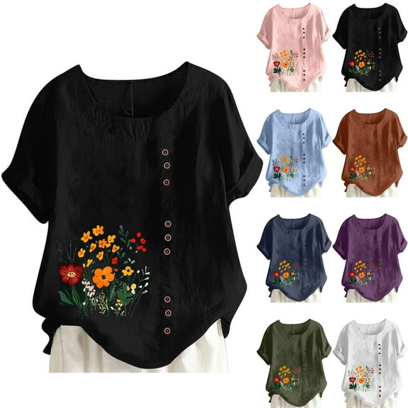 Feancey Tunic Tops for Women Loose Fit Dressy Casual Linen Blouse Boho Floral Printed Plus Size T Shirts Summer Short Sleeve Crewneck Tees Army Green L