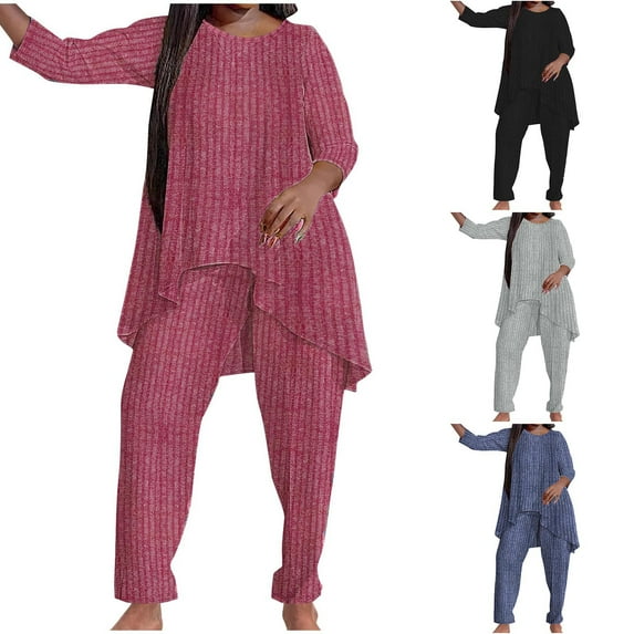 Feancey Two Piece Knitted Sets for Women Plus Size Lounge Set Long Sleeve Hi Low Swing Tops and Pants 2 Piece Outfits Solid Color Loose Sleepwear Navy XXL