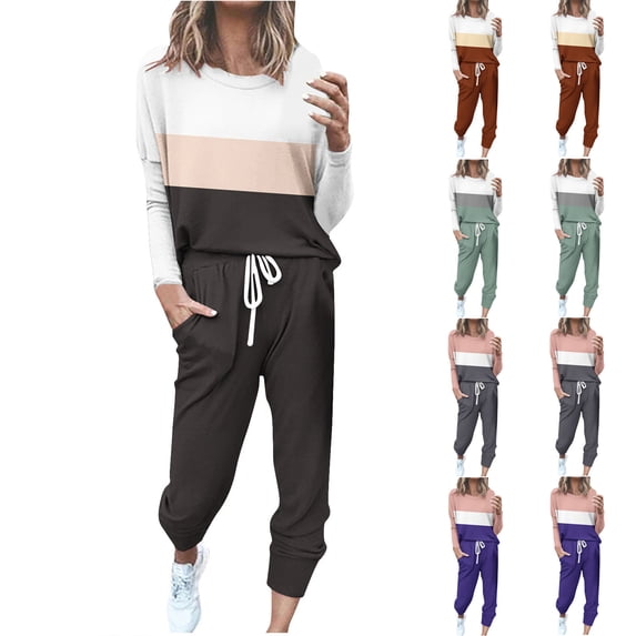 Feancey Two Piece Lounge Sets for Women Plus Size Jogger 2 Piece Outfits Colorblock Long Sleeve Tops and Drawstring Pants Macthing Set Dark Gray XXL