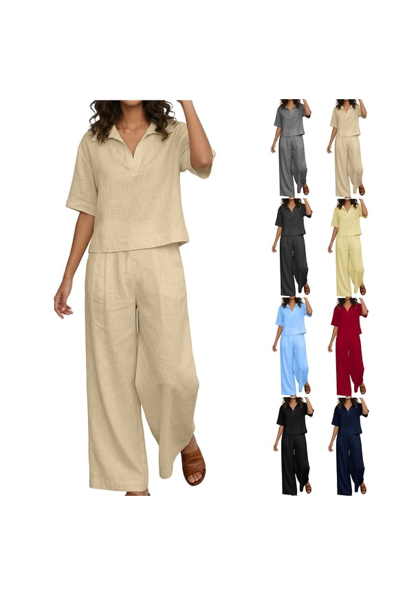 Two Piece Outfits for Women Summer Linen 2 Piece Sets Oversized Short Sleeve Lapel Collar V Neck Top and Wide Leg Pant Lounge Beach Set with Pockets Gray S