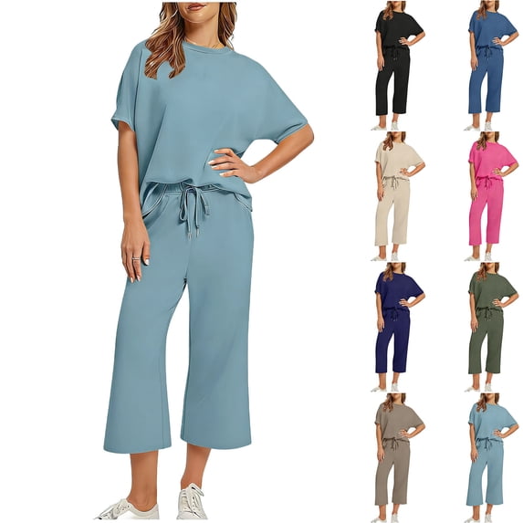 Feancey Two Piece Sets for Women Summer Travel Vacation Outfits Short Sleeve Tops Wide Leg Capri Pants Lounge Outfit Set with Drawstring Hot Pink S