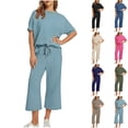 thumbnail image 1 of Feancey Two Piece Sets for Women Summer Travel Vacation Outfits Short Sleeve Tops Wide Leg Capri Pants Lounge Outfit Set with Drawstring Light Blue S, 1 of 5