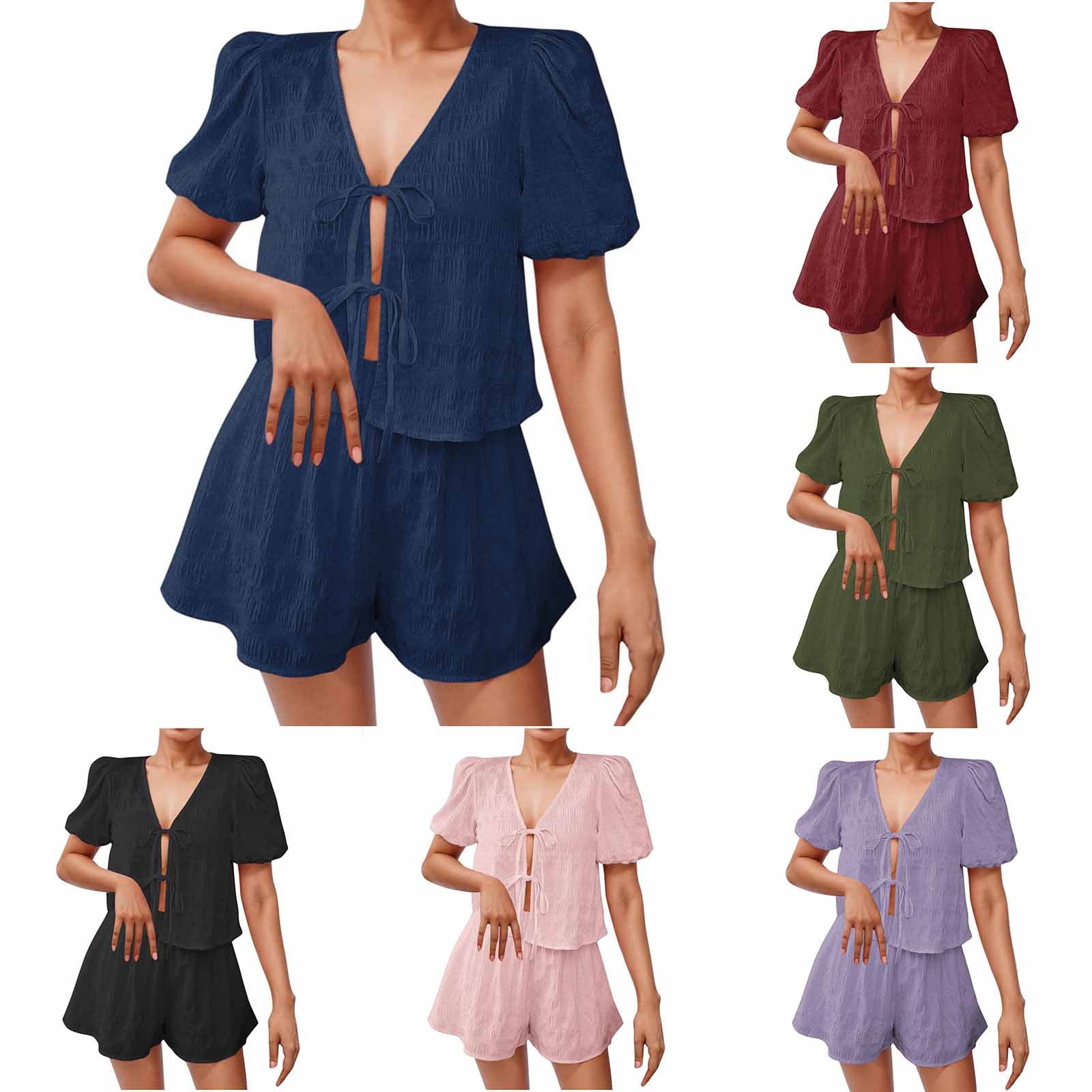 Women’s Cotton Puff sleeves Top Two Piece Set with Flowing Pants