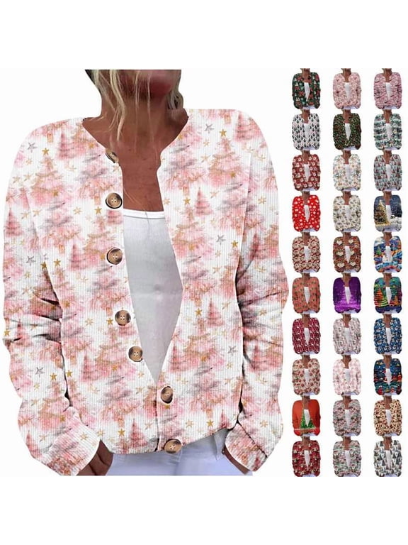 Ugly Christmas Sweaters for Women Plus Size Open Front Button Cardigans Funny Santa Claus Knit Sweater Fall Winter Long Sleeve Knitted Cardigan Cute Tops Red L