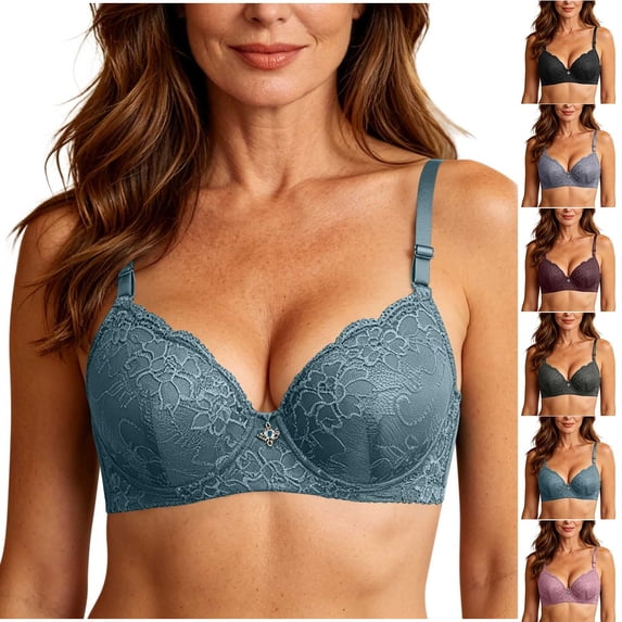 Feancey Underwire Bras for Older Women Plus Size Lace Everyday Bra Full Coverage Casual Push Up Brassiere Anti-Sagging Supportive Minimizer Bras Army Green 36