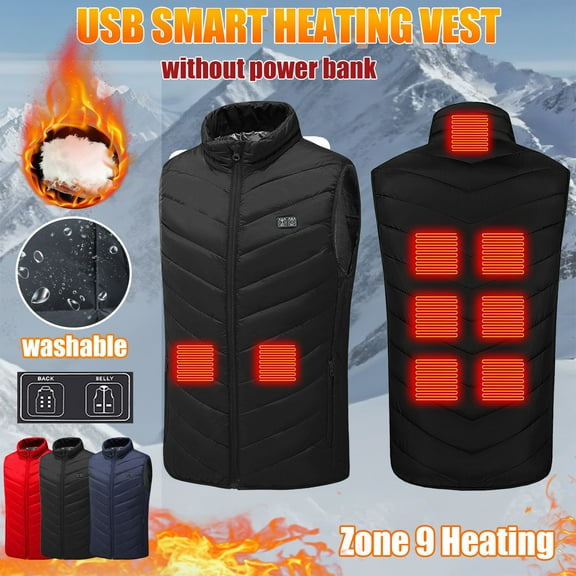 Feancey Unisex Dual-Control Heated Vest 9 Zones USB Electric Heating Puffer Vests Full Zip Sleeveless Winter Coats for Men and Women with Three-Level Blue XXL