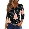 thumbnail image 1 of Feancey V Neck Christmas T Shirts for Women 3/4 Length Sleeve Henley Shirt Holiday Casual Xmas Tree Print Graphic Tees Comfy Loose Tunic Tops Pink L, 1 of 5