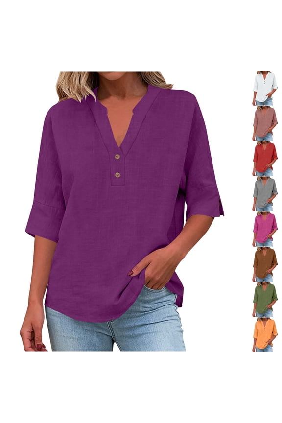 V Neck Cotton Linen Tops for Women Slit Half Sleeve Casual Henley Shirts Summer Trendy Going Out Blouse Lightweight Gauze Shirt Hot Pink S
