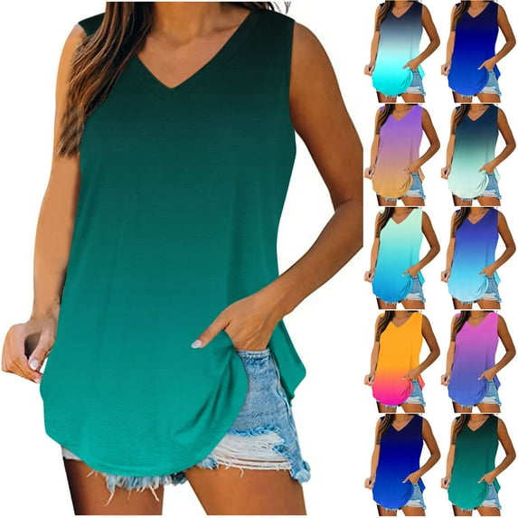 Feancey V Neck Workout Tank Tops for Women Loose Fit Sleeveless T-Shirts Dressy Trendy Gradient Color Athletic Tank Top Comfy Camisole Shirt Sky Blue S