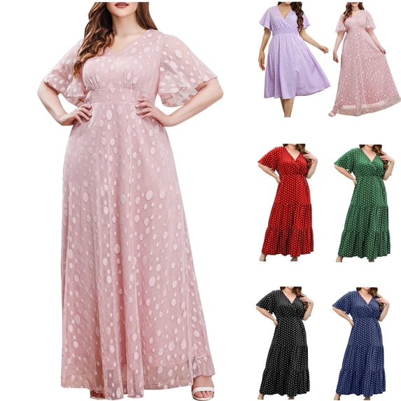 Feancey Vacation Dresses for Women V Neck Casual Plus Size Maxi Dress Cute Polka Dot Print Tiered Dresses High Waist Swing A-Line Dress Green 4XL