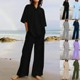 thumbnail image 1 of Feancey Vacation Outfits for Women 2 Piece Set Linen Short Sleeve V Neck Top and Elastic Waist Pant Lounge Sets Solid Color Loose Travel Outfit with Pockets Black L, 1 of 6