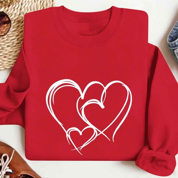 Feancey Valentine's Day Crewneck Sweatshirts for Women Love Heart Graphic Pullover Tops Soft Fleece Lined Long Sleeve Shirt Comfy Loose Sweatshirt Red L