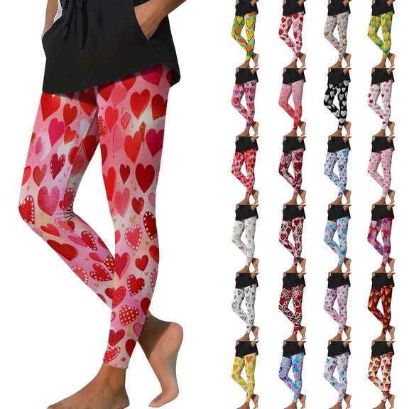 Feancey Valentines Day High Waisted Leggings for Women Tummy Control Gym Yoga Pants Cute Heart Print Full Length Workout Leggings Buttery Soft Party Tights Pink S