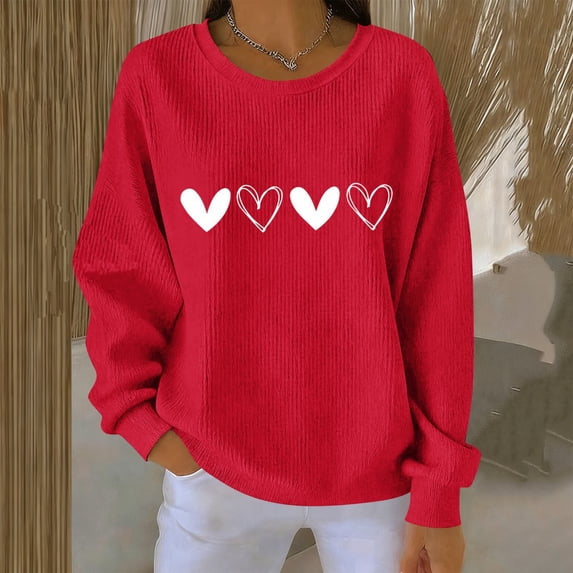 Feancey Valentines Day Sweaters for Women Lightweight Long Sleeve Knitted Pullover Loose Fit Casual Heart Graphic Sweater Soft Ribbed Knit Jumpers Red M