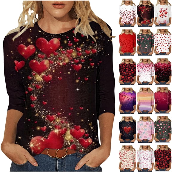 Feancey Valentines Day T-Shirt Women Plus Size 3/4 Sleeve Tunic Tops Cute Love Heart Print Round Neck Blouse Comfy Loose Graphic Shirts Multicolor 4XL