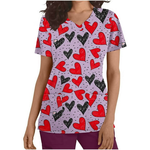 Feancey Valentines Day Womens Scrub Tops with Pockets 2025 Holiday Casual V Neck Short Sleeve Working Uniforms Soft Stretchy Nurse Scrubs Prime Sales Purple M