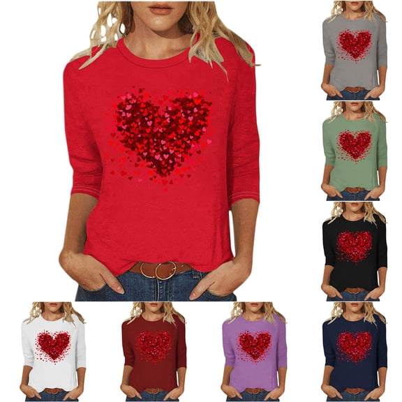 Feancey Valentines Shirts for Women Trendy Cute Love Heart Graphic 3/4 Sleeve Tunic Tops Spring Casual Loose T-Shirts Comfy Crewneck Pullover Tees White M